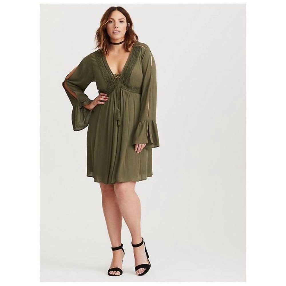 Torrid Olive Green Dress with Bell Sleeves